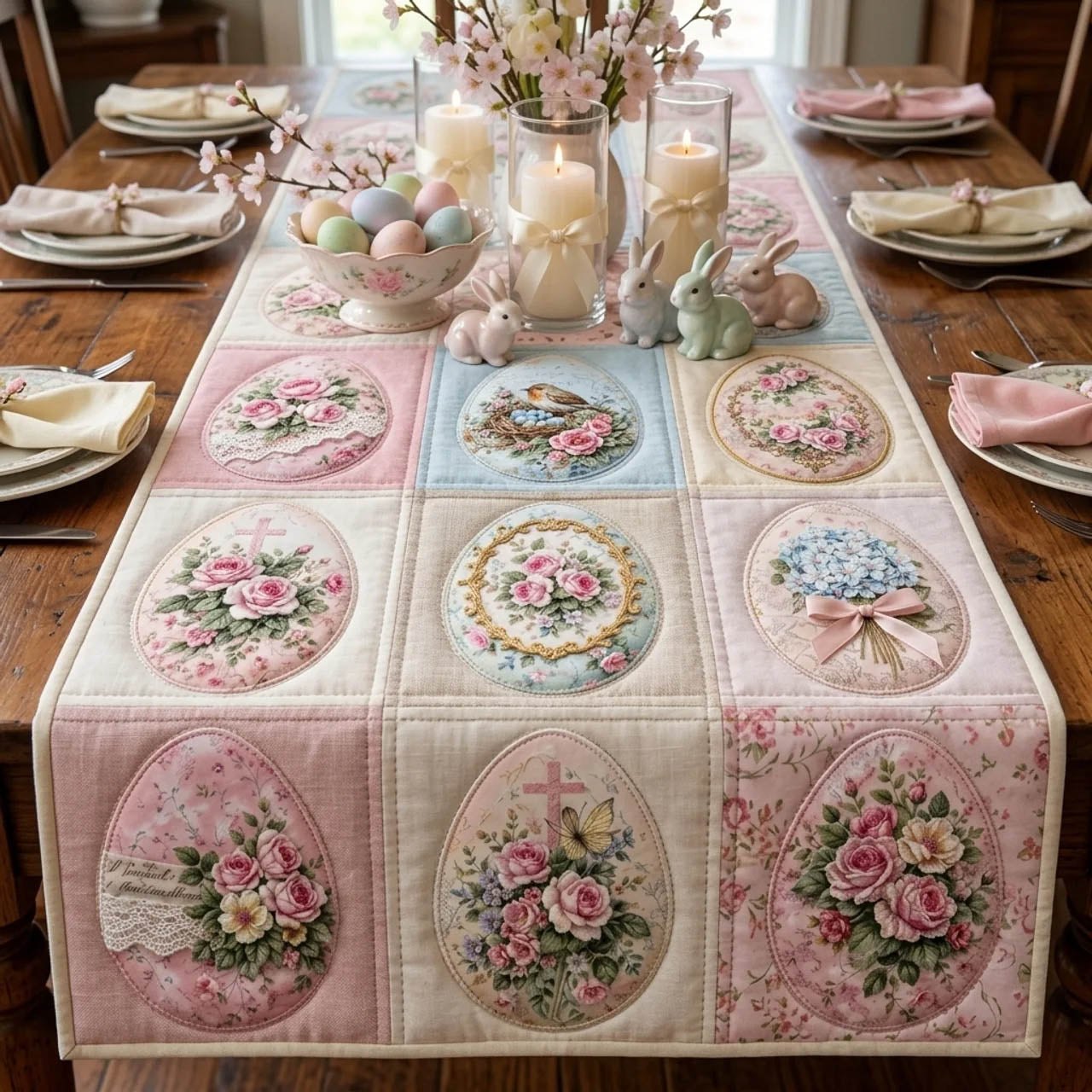 Pink Oval Floral Medallions Table Runner