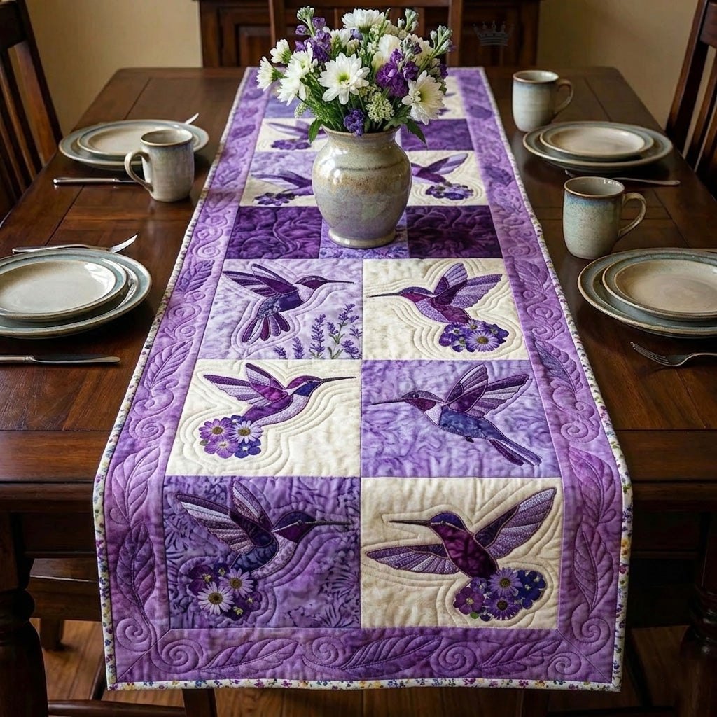 Hummingbirds on Purple Checkerboard Table Runner