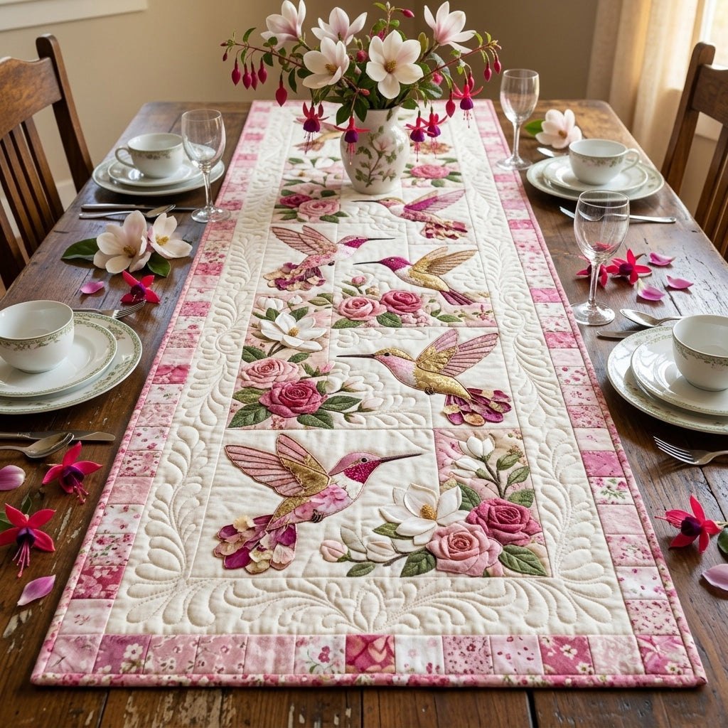 Hummingbirds Among Pink Blossoms Table Runner