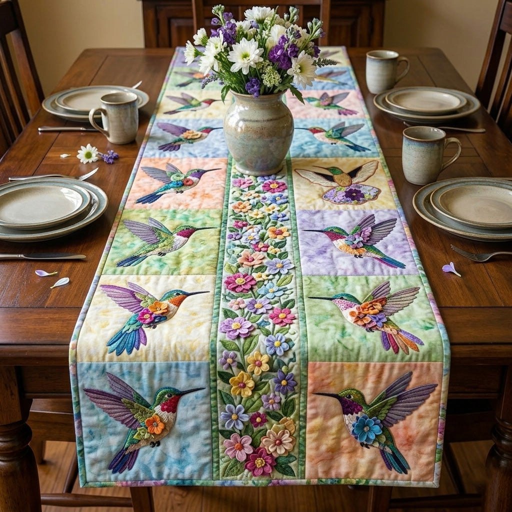 Hummingbirds and Flowers in Pastel Blocks Table Runner