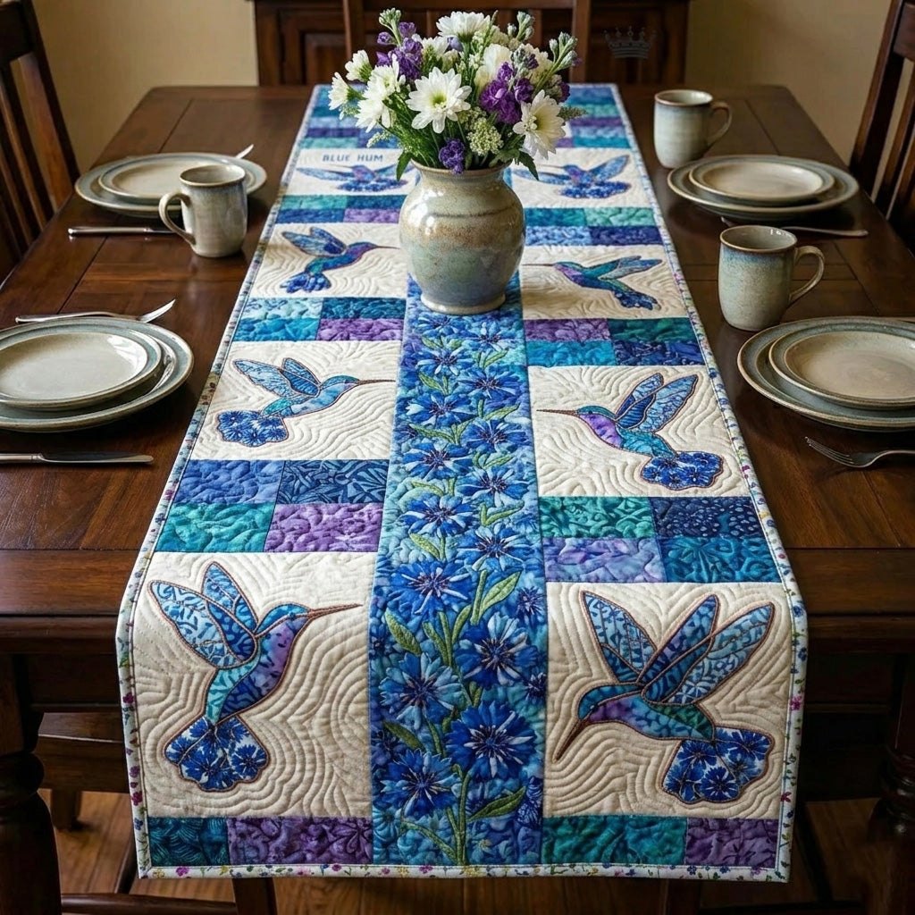 Blue Hummingbirds on Blue Blocks Table Runner