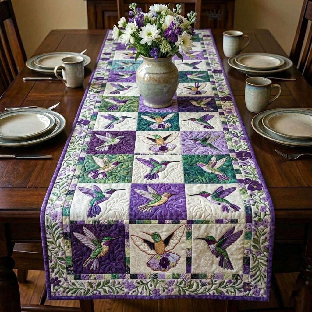 Hummingbirds in Purple and Green Blocks Table Runner