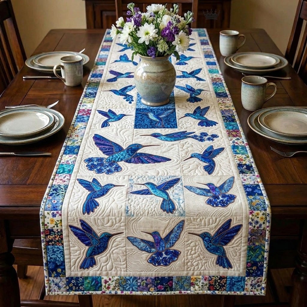 Blue Birds on White Quilt Blocks Table Runner