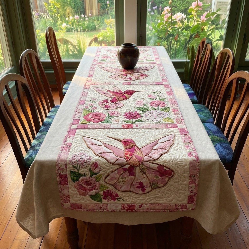 Pink Blossoms with Butterfly on Cream Table Runner