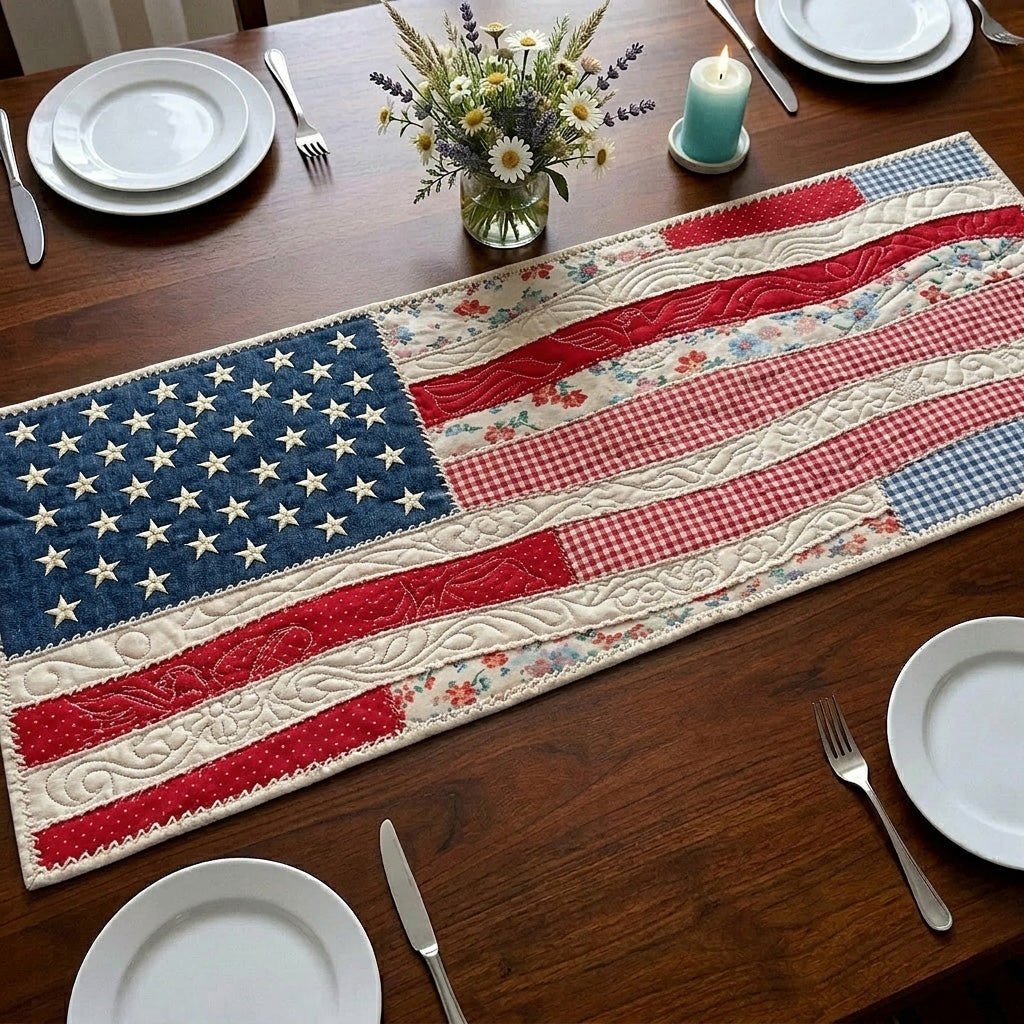American Flag on Cream Table Runner