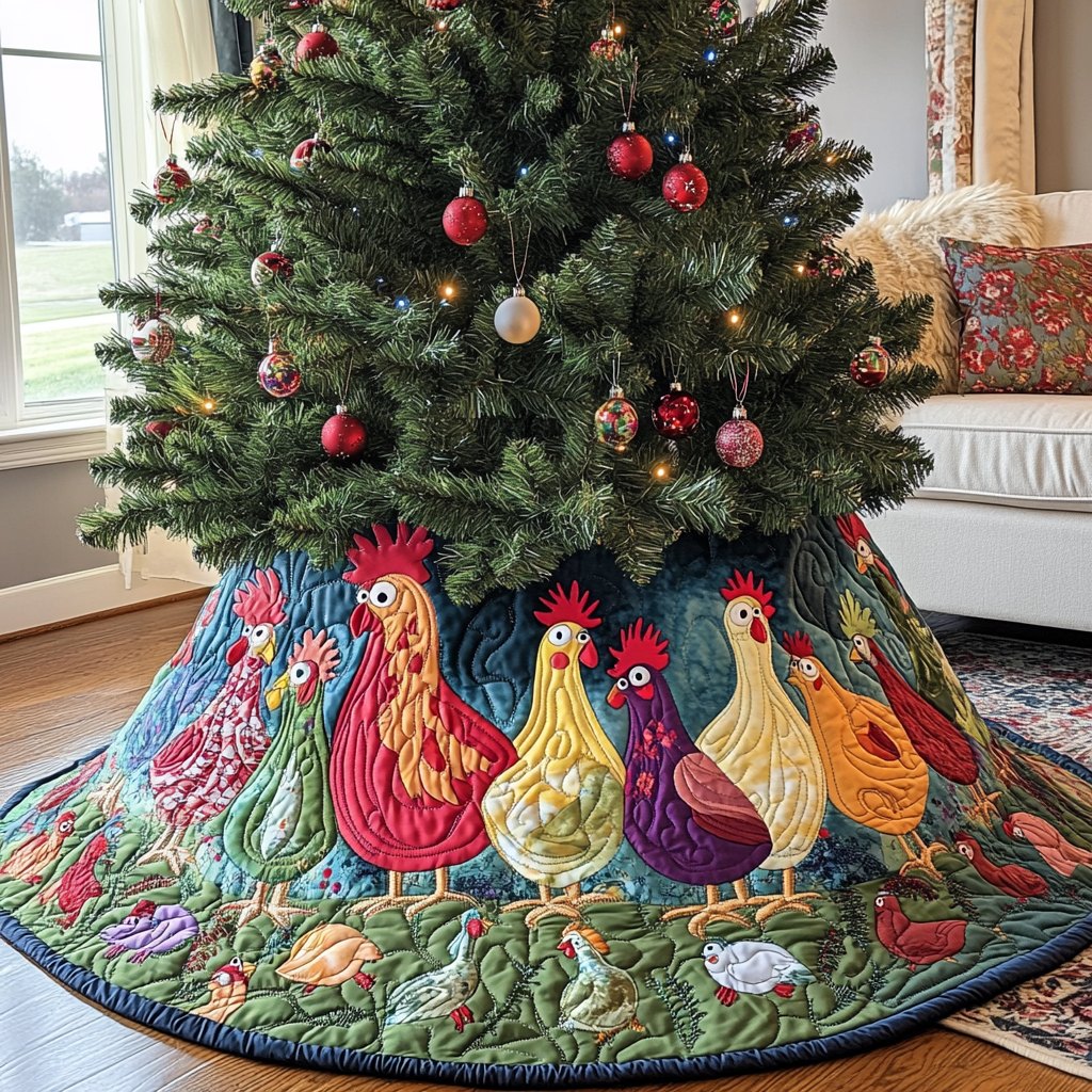 Colorful Chickens on Blue Christmas Tree Skirt