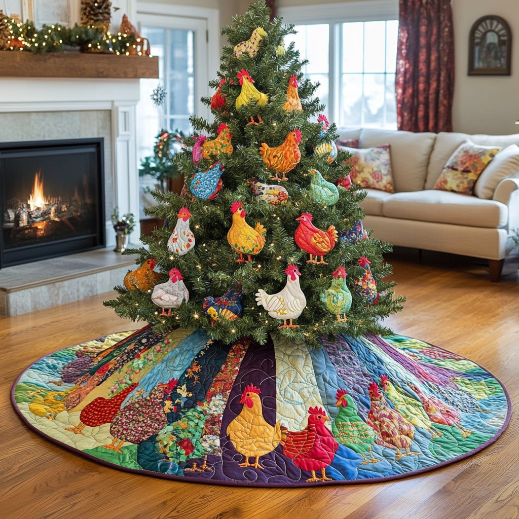 Chickens on Patchwork Meadow Christmas Tree Skirt
