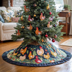 Chickens and Roosters on Navy Christmas Tree Skirt