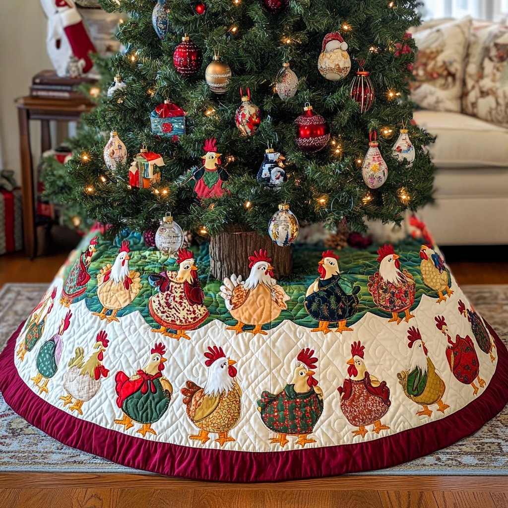 Hens on Cream with Red Border Christmas Tree Skirt