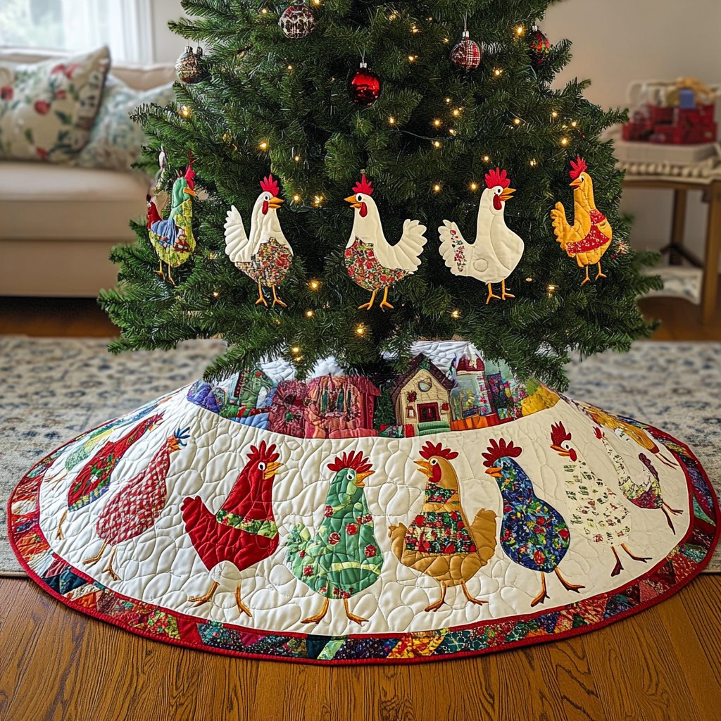 Roosters and Hens by the Barn Christmas Tree Skirt