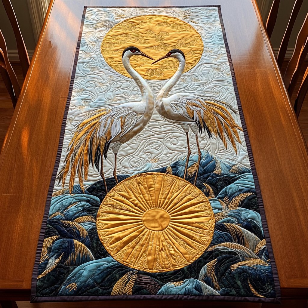 Cranes Above a Golden Sun Table Runner