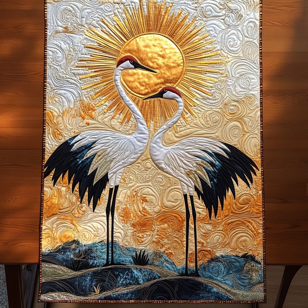 Cranes with Spread Wings on Gold Table Runner