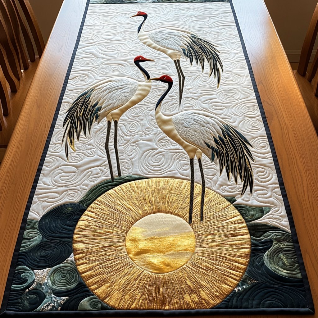 Red Crowned Cranes and Gold Disc Table Runner
