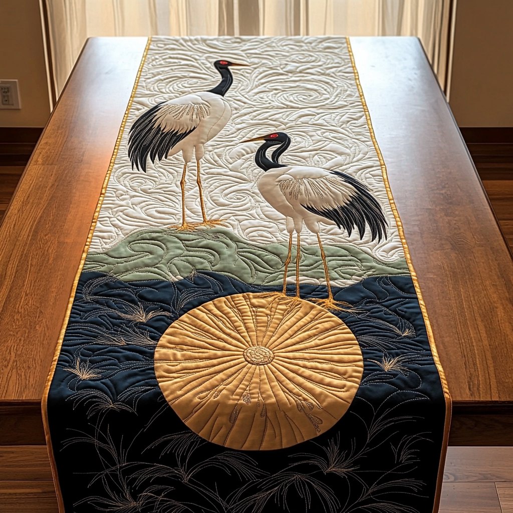 Cranes on the Golden Sun Pond Table Runner