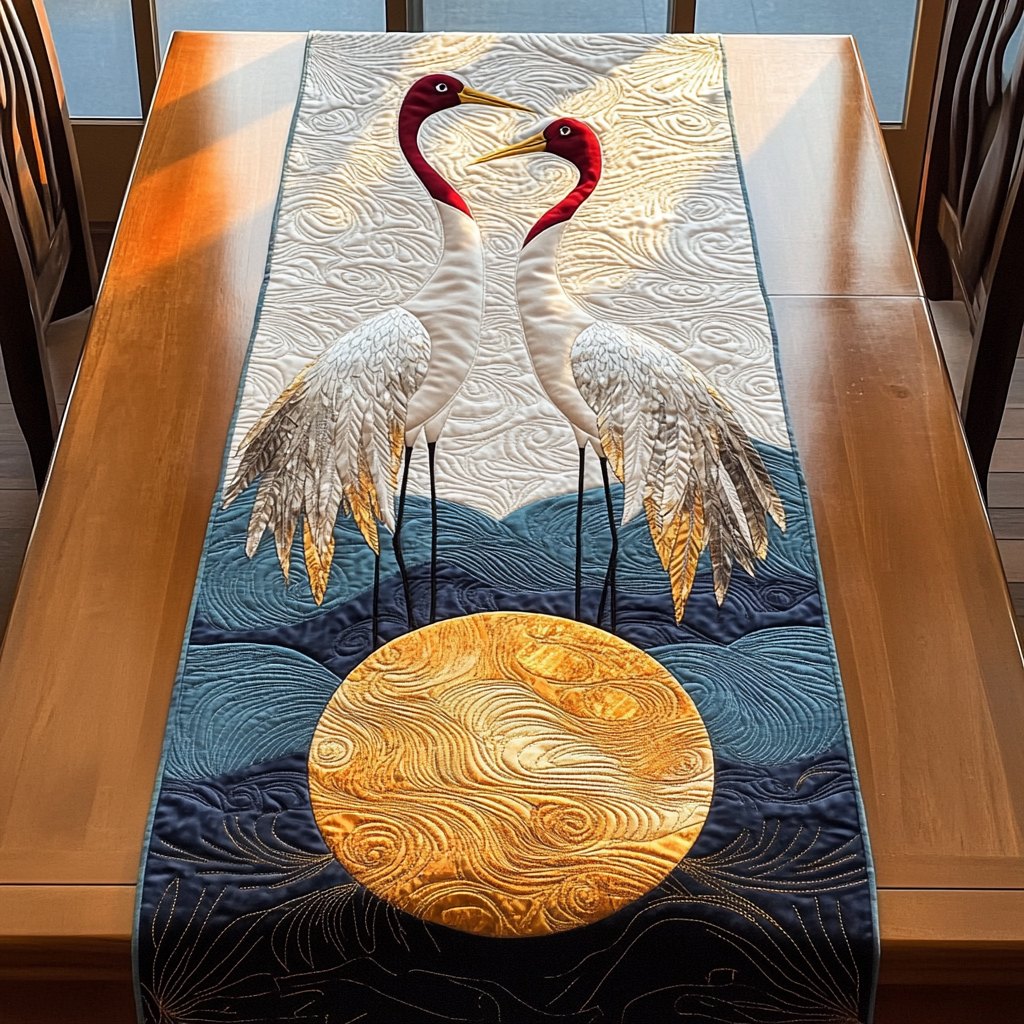 Three Cranes Over the Golden Sun Table Runner