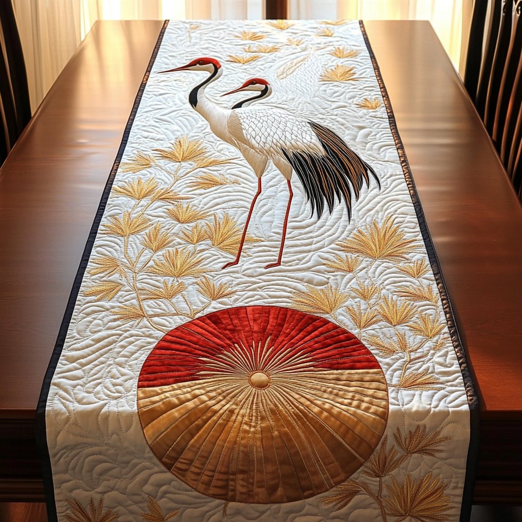 Crane Beside a Crimson Sun Table Runner
