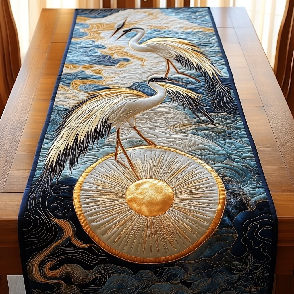 Crane Over Golden Disc and Waves Table Runner