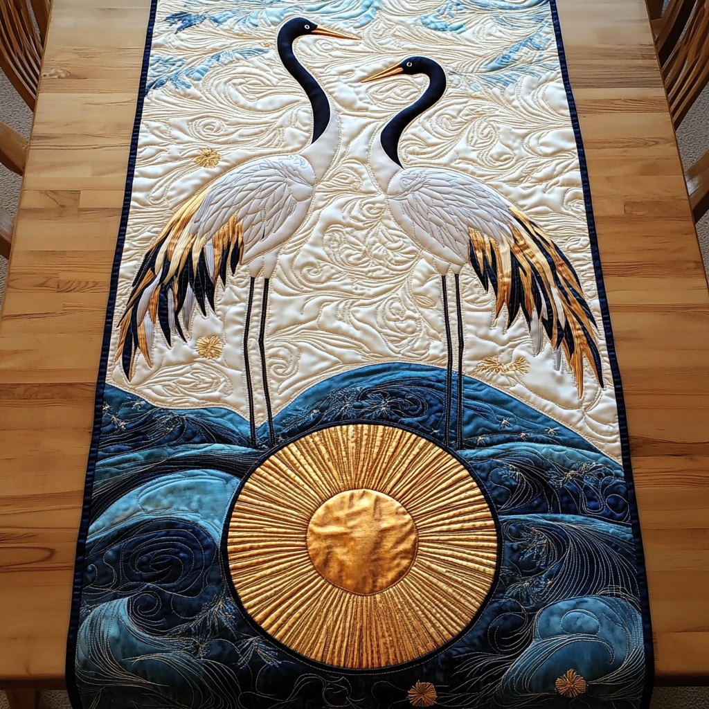 Cranes on Deep Blue with Gold Sun Table Runner