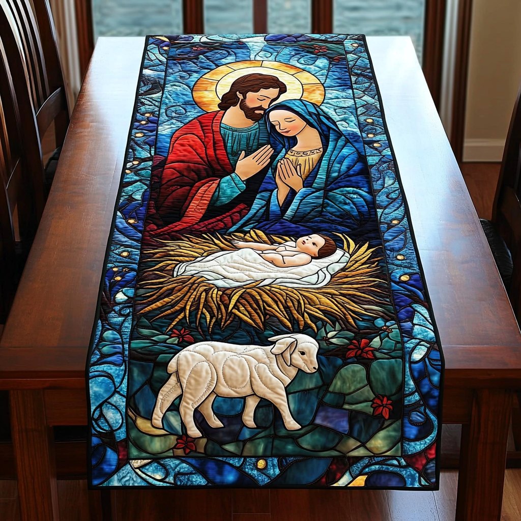 The Season the Reason Stained Glass Nativity with Lamb Table Runner