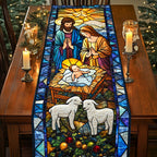 Stained Glass Nativity with Two Lambs Table Runner