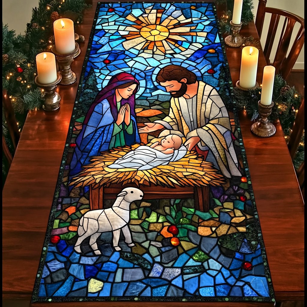Holy Family and Lamb in Stained Glass Table Runner