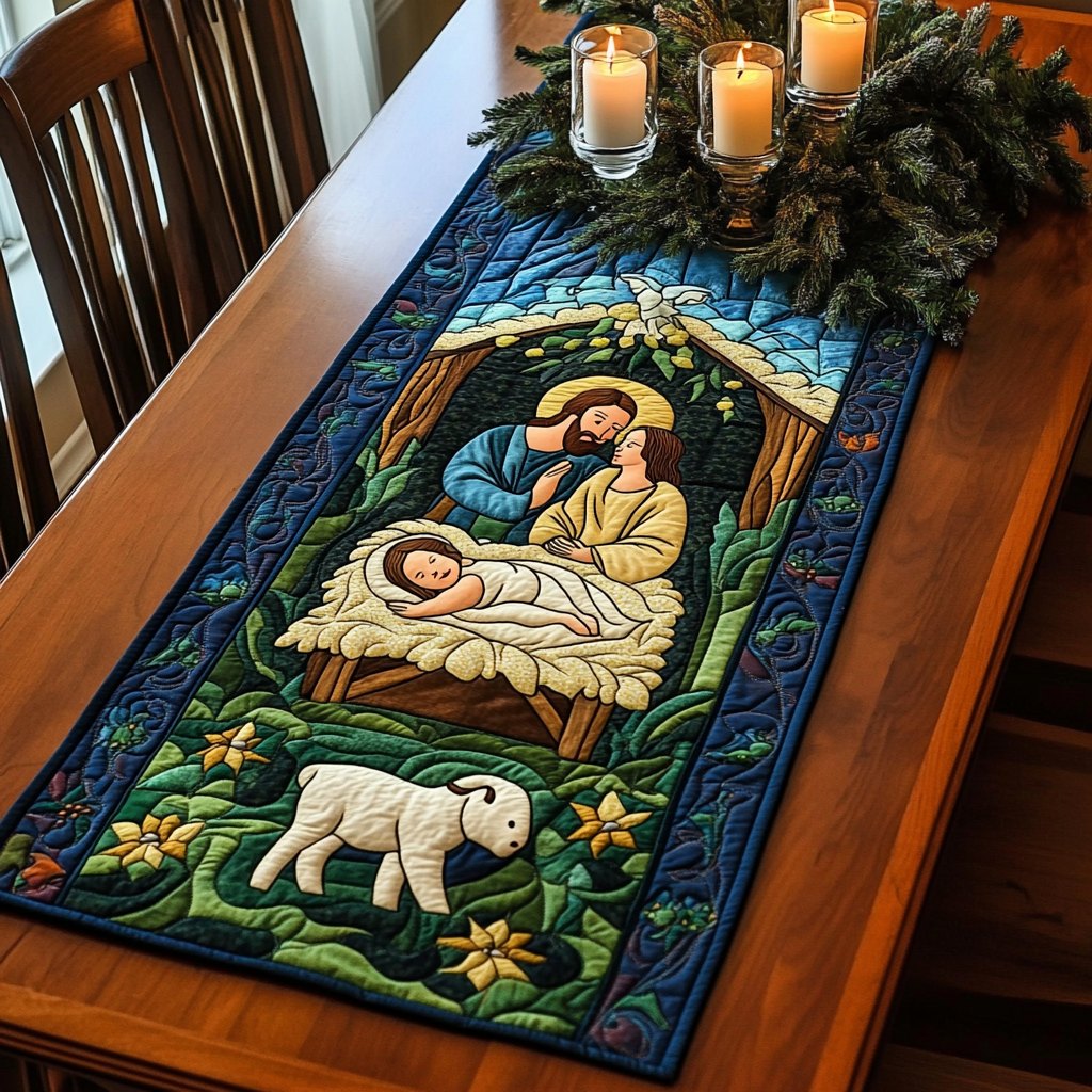 Baby in Manger with White Lamb Table Runner