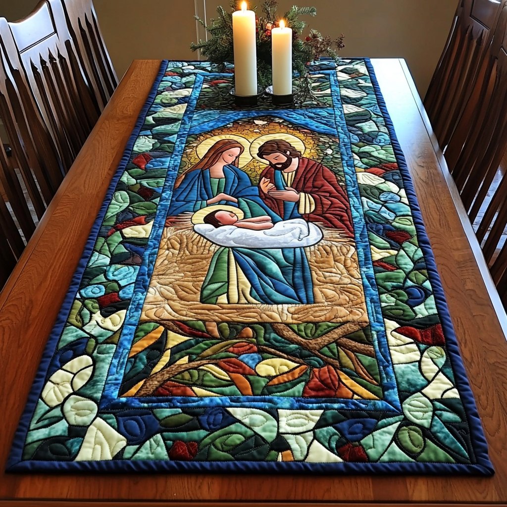 Nativity Panel in Blue Stained Glass Table Runner
