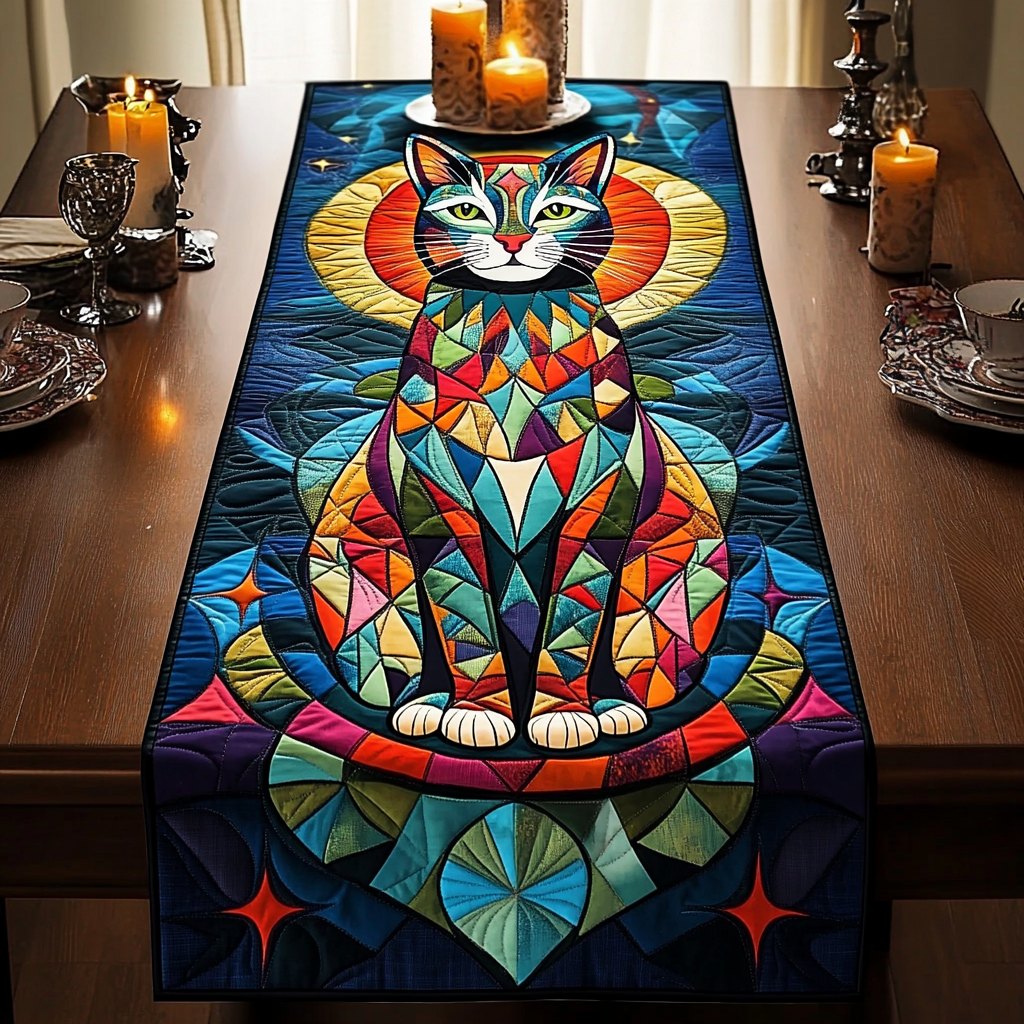 Stained Glass Cat on Navy Table Runner