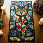 Green Stained Glass Cat Table Runner