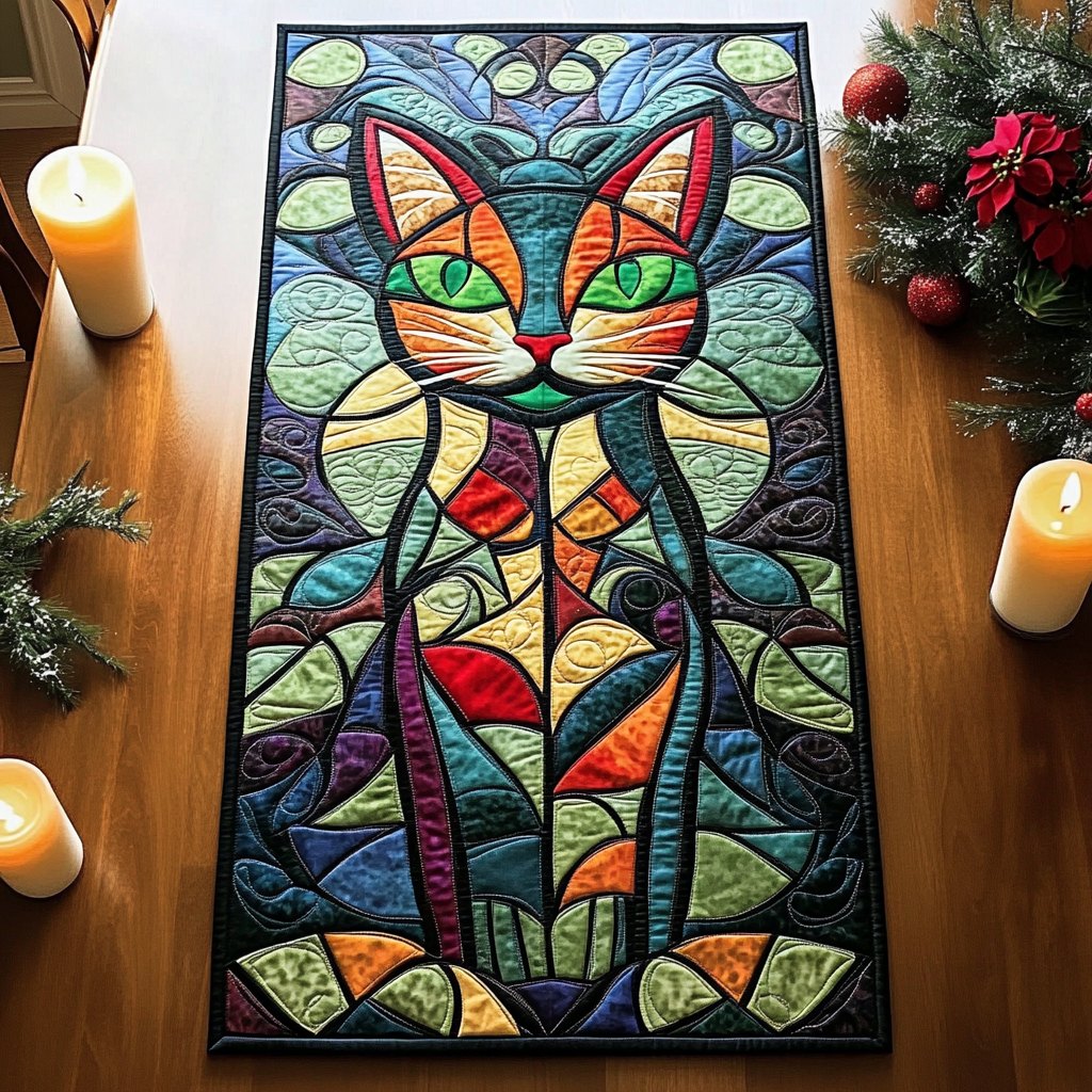 Green Stained Glass Cat Table Runner