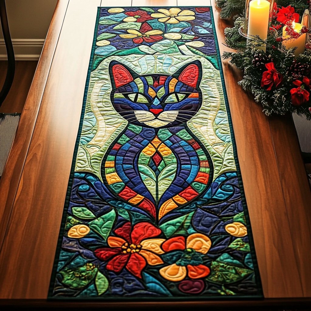Blue Cat with Red Flowers Table Runner