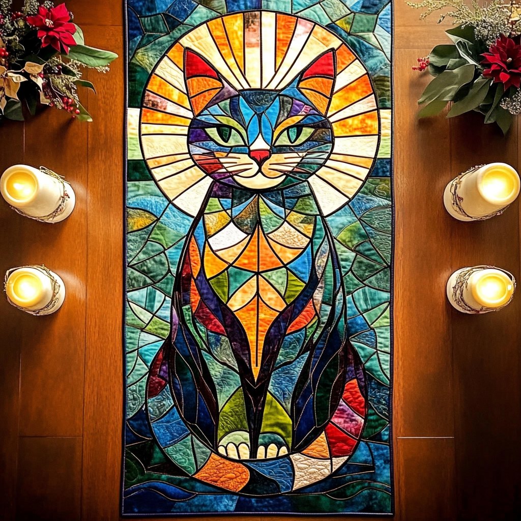 Golden Stained Glass Cat Table Runner