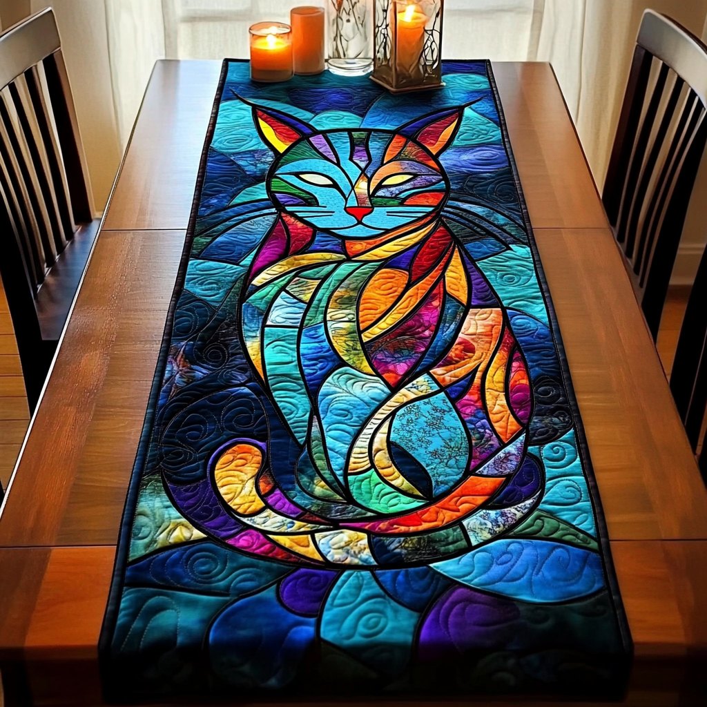 Curled Teal Cat in Stained Glass Table Runner