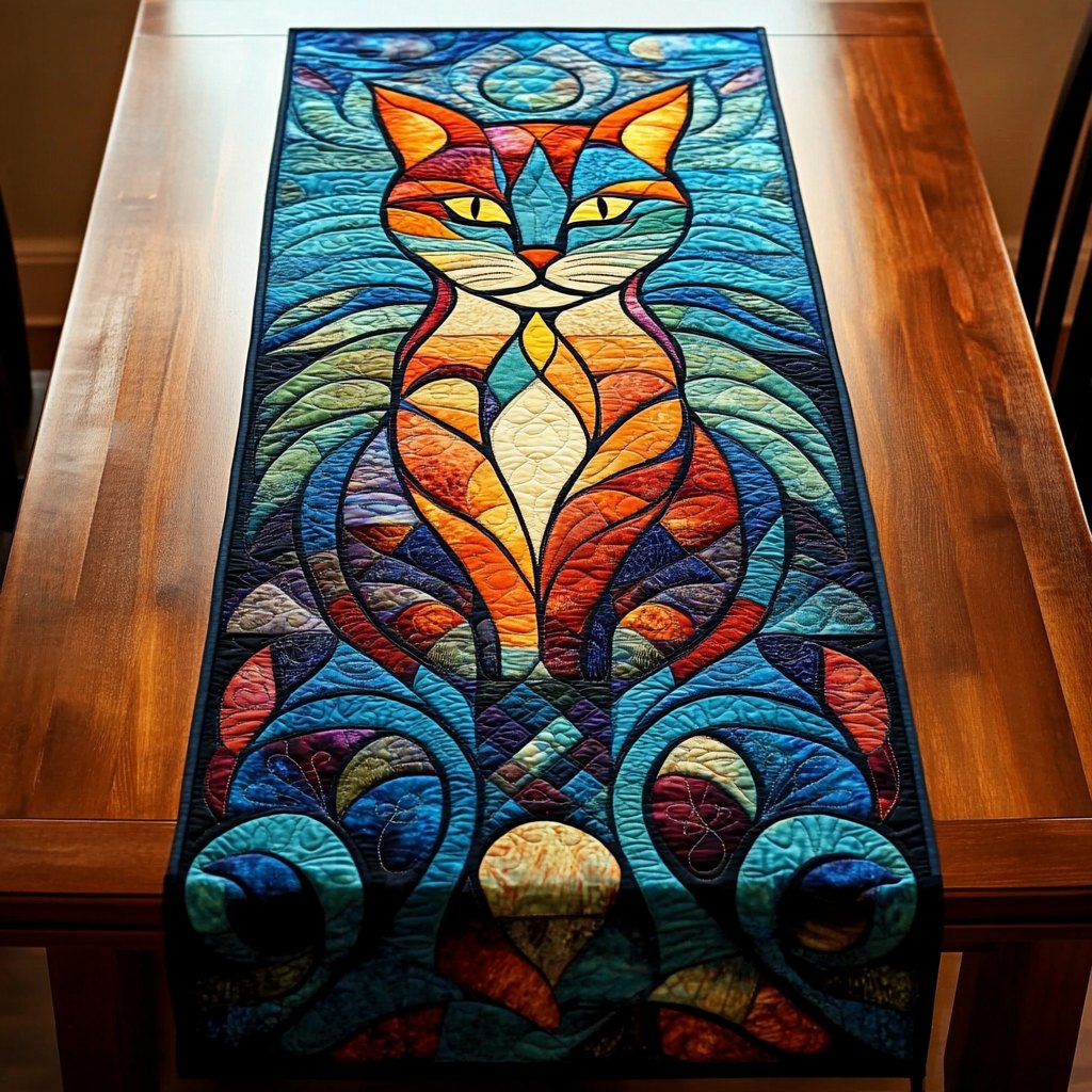 Abstract Stained Glass Cat in Blue Table Runner