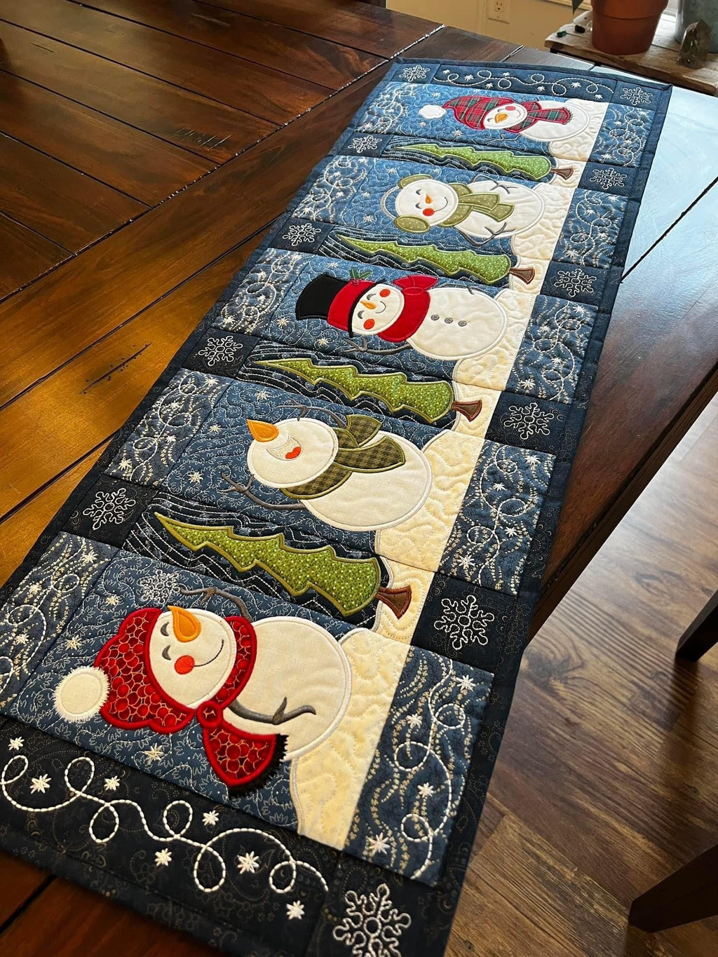 Snowmen and Green Trees on Grey Table Runner