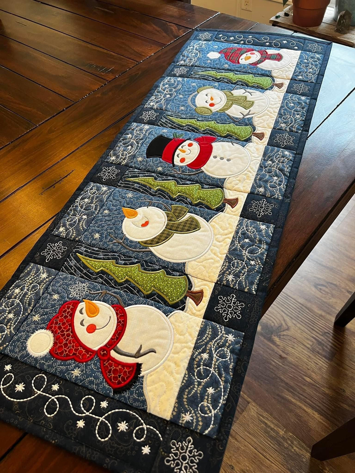 Snowmen and Green Trees on Grey Table Runner