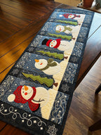 Snowmen and Green Trees on Grey Table Runner