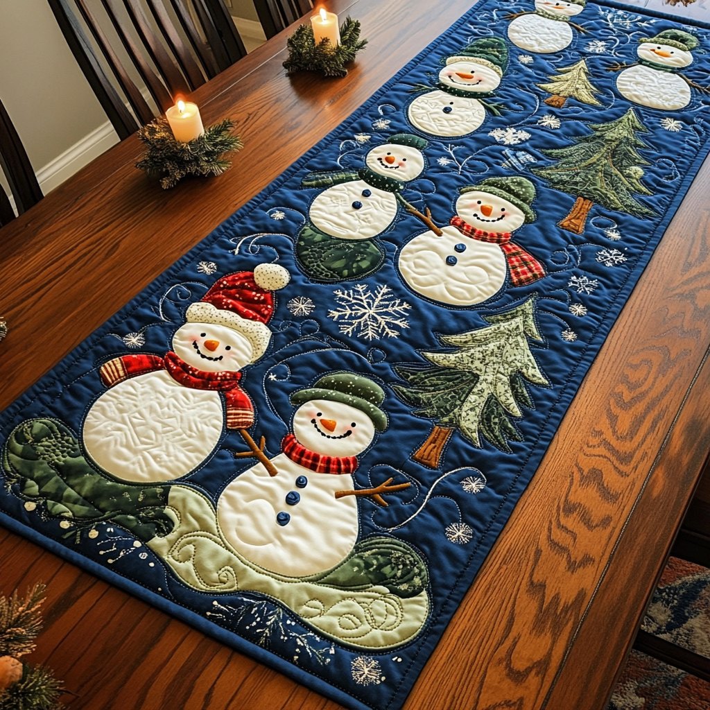 Snowmen in Red Scarves on Navy Table Runner