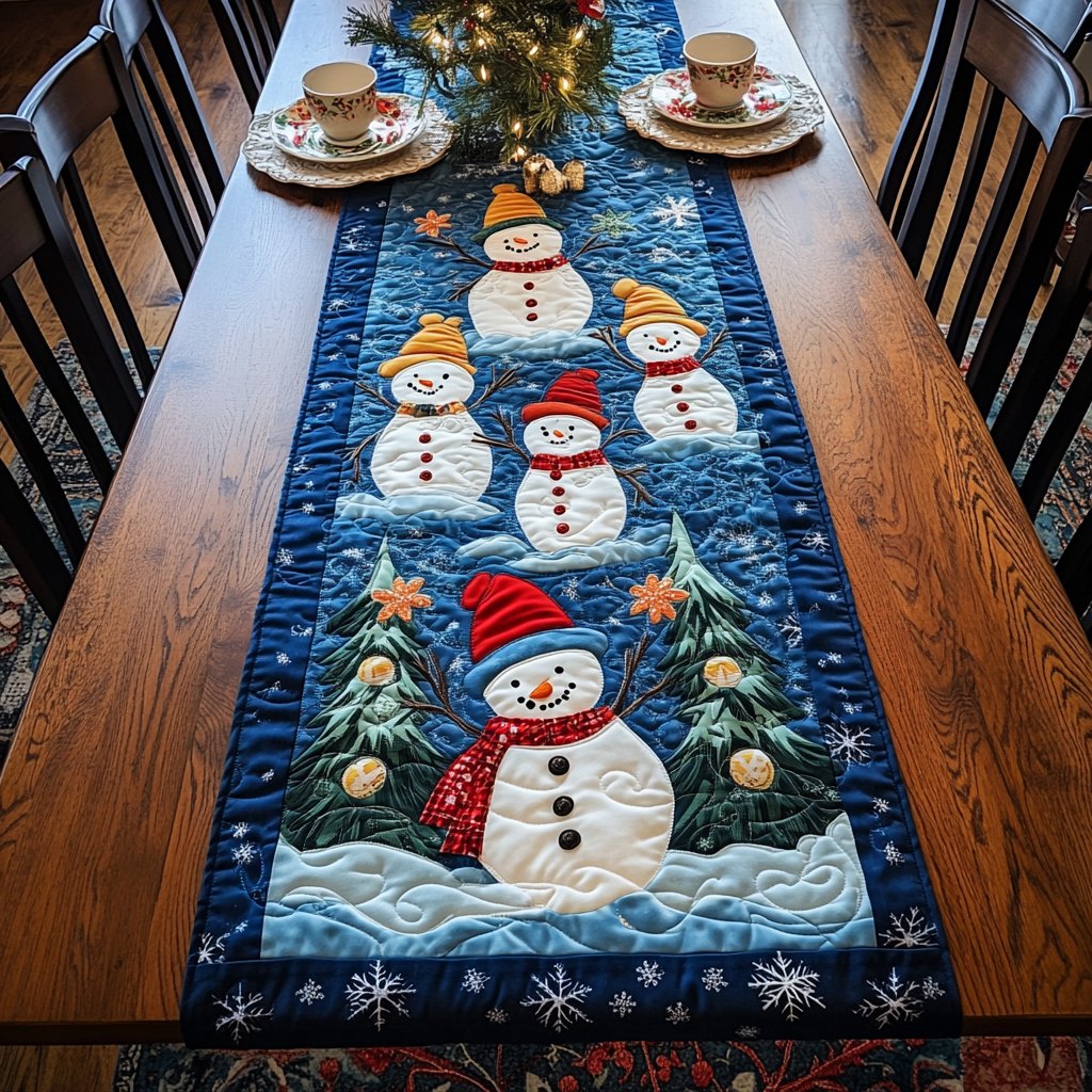 Snowman Family with Red Scarves Table Runner