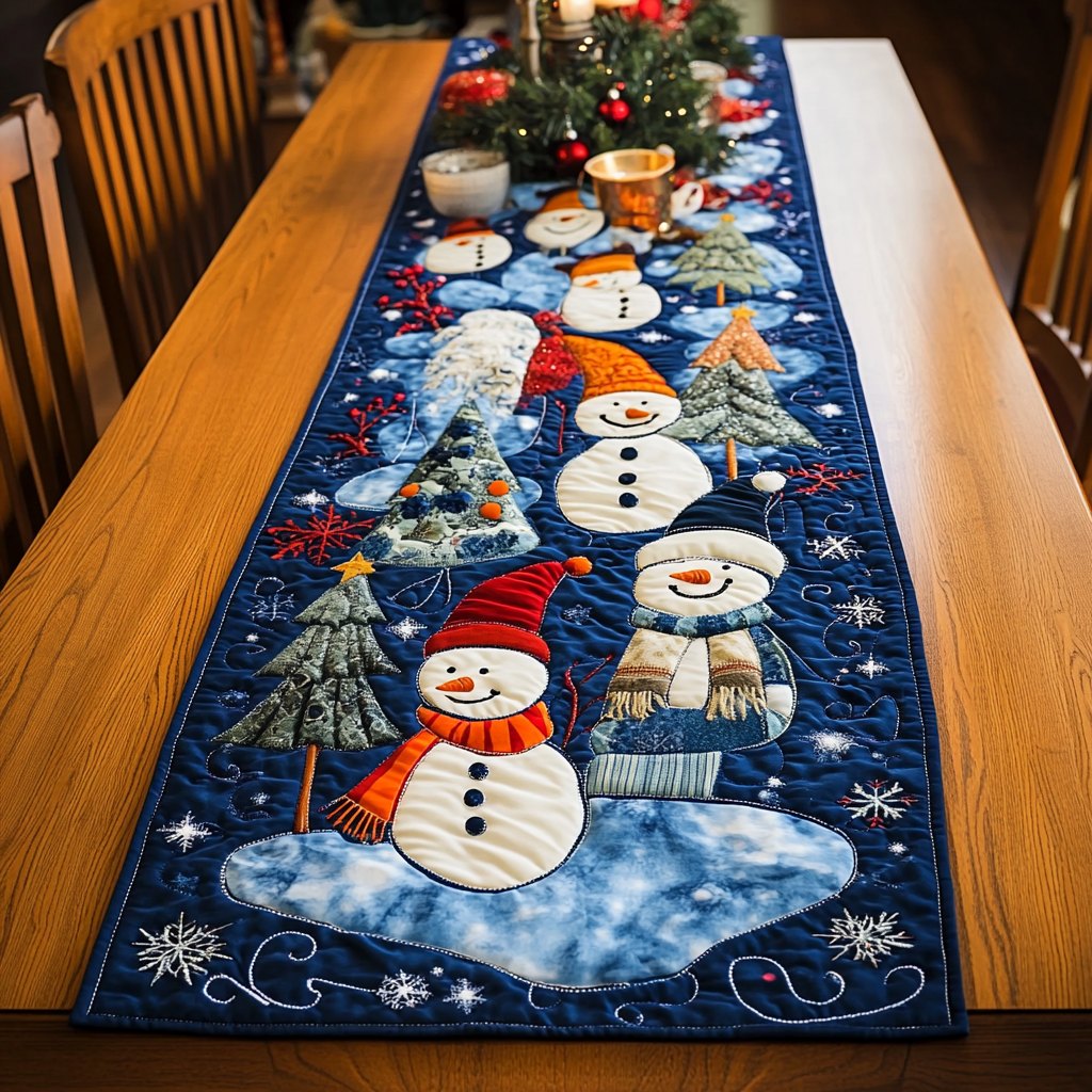Snowmen in Winter Hats on Blue Table Runner