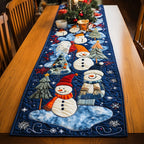 Snowmen in Winter Hats on Blue Table Runner