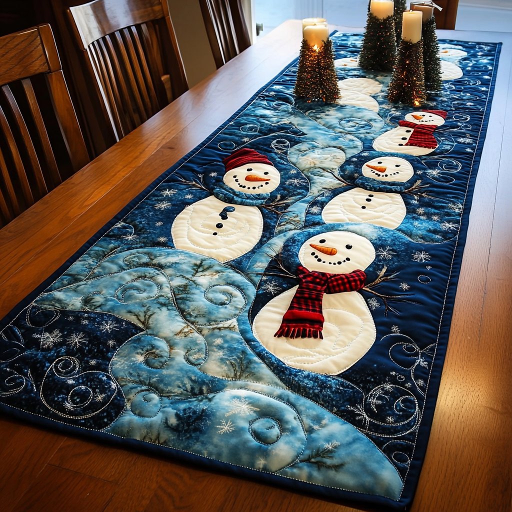Two Snowmen on Icy Blue Table Runner