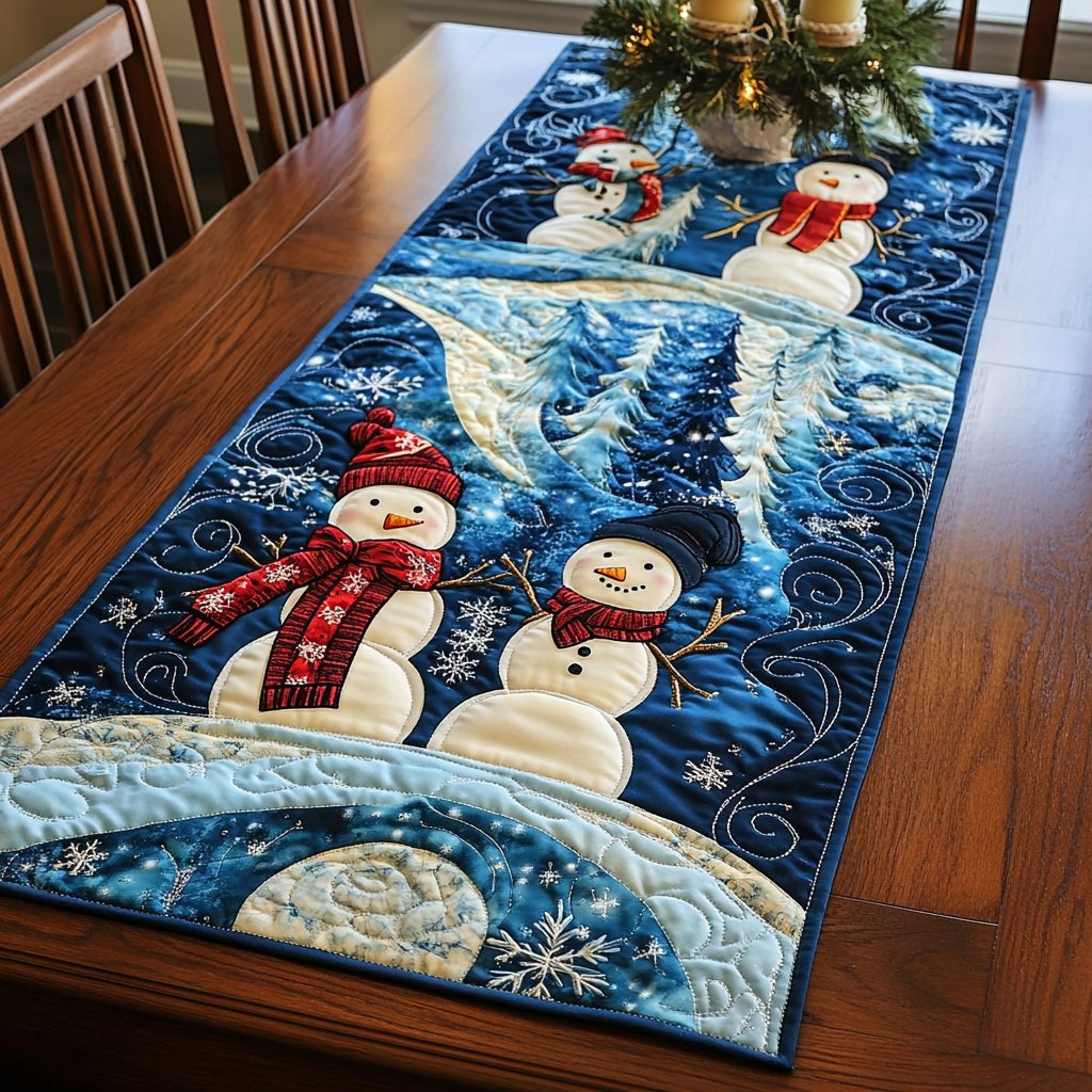 Snowman with Red Hat on Snowy Hill Table Runner