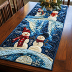 Snowman with Red Hat on Snowy Hill Table Runner