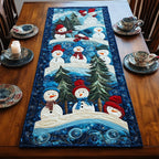 Three Snowmen Among Blue Pines Table Runner