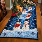 Three Snowmen Under Falling Snow Table Runner