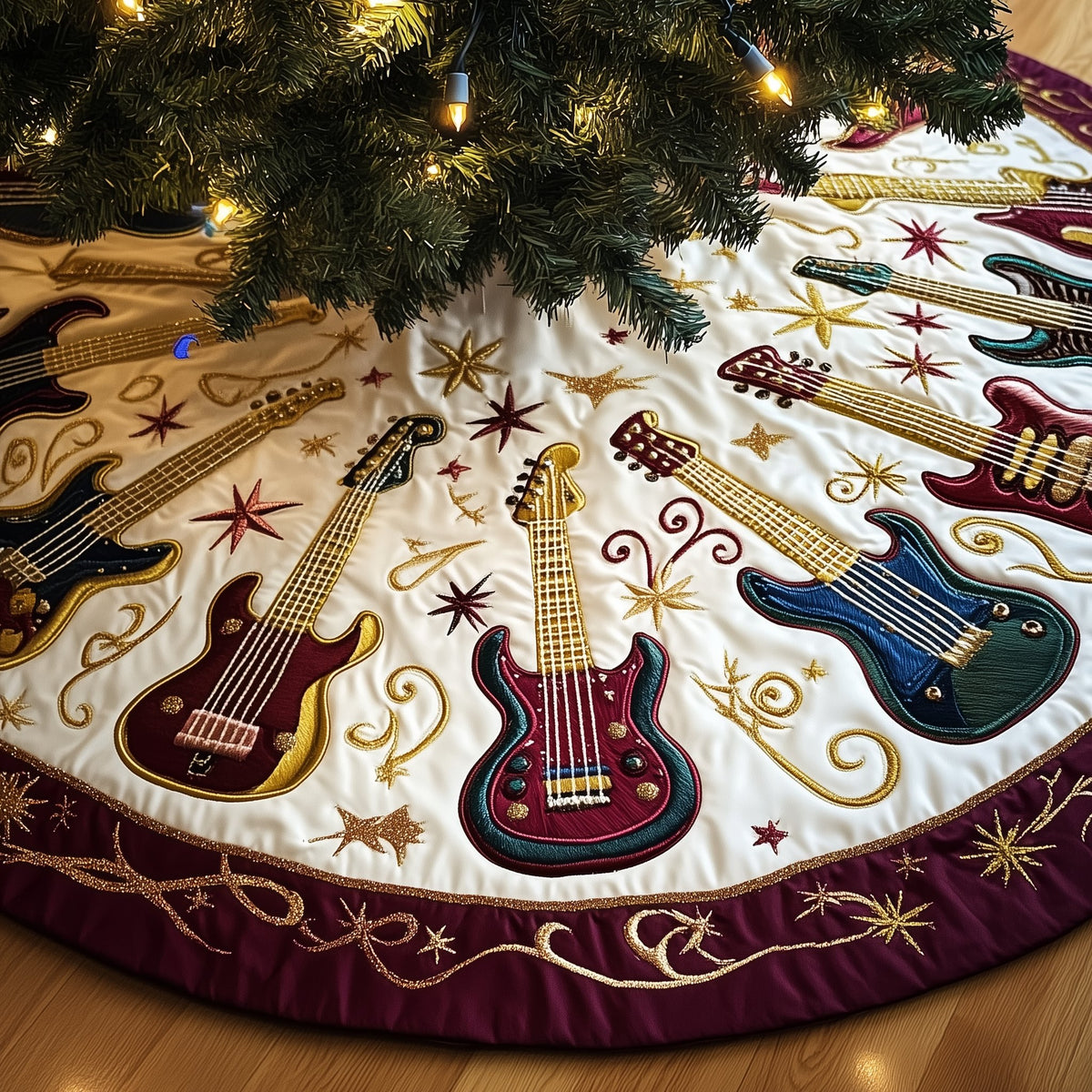 Guitars with the Burgundy Border Christmas Tree Skirt