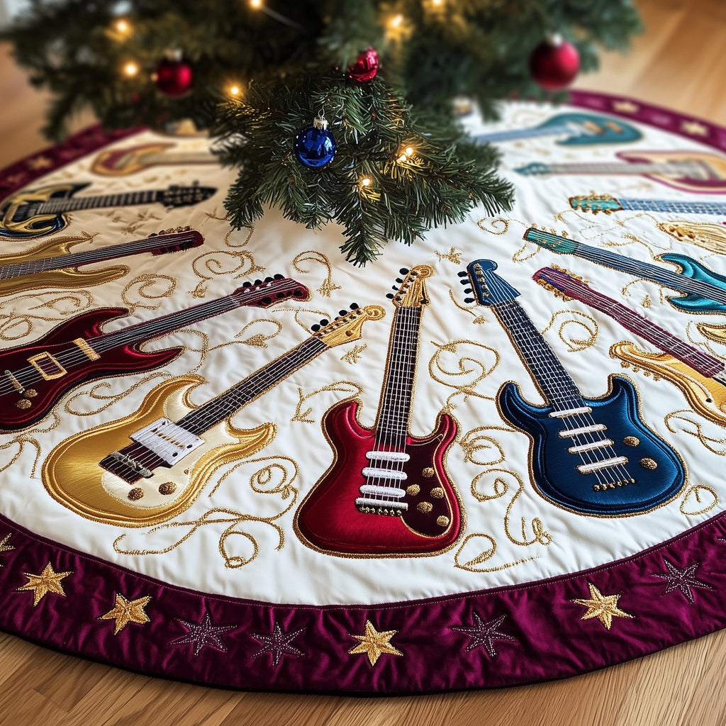 Guitars with Golden Stars on Cream Christmas Tree Skirt