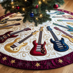 Guitars with Golden Stars on Cream Christmas Tree Skirt