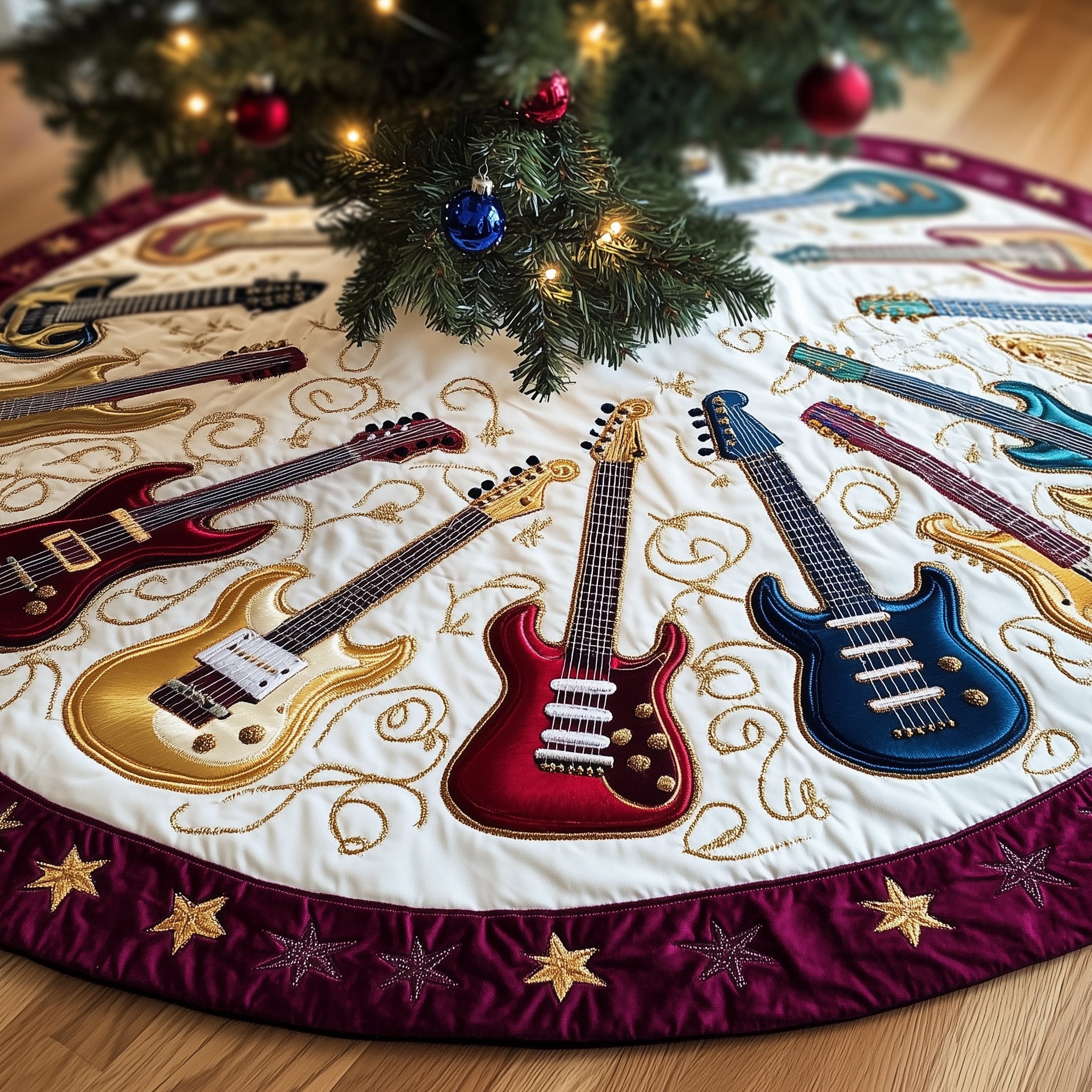 Guitars with Golden Stars on Cream Christmas Tree Skirt